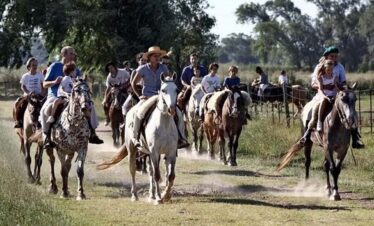 Group of people enjoying horseback riding through lush rural landscape.