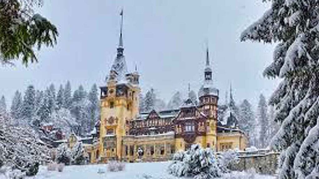 Castle in a snowy forest with tall trees and winter scenery.