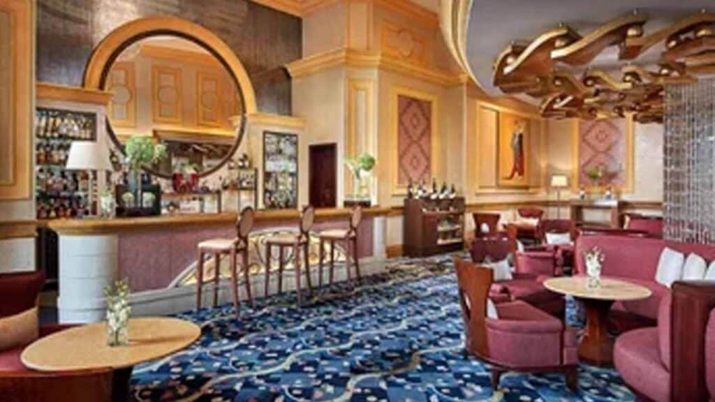 Luxury hotel lounge with elegant decor and comfortable seating.