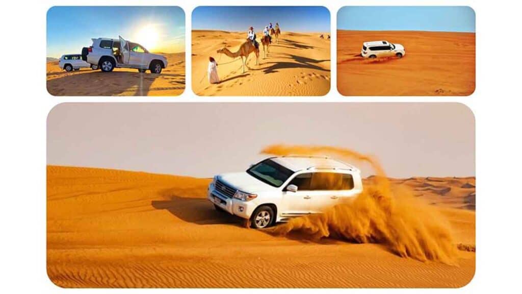 Off-road vehicle driving through desert dunes with sand flying.