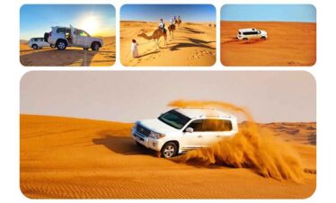 Off-road vehicle driving through desert dunes with sand flying.