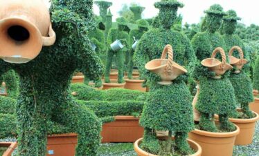 Creative topiary garden with animal-shaped bushes and pots.