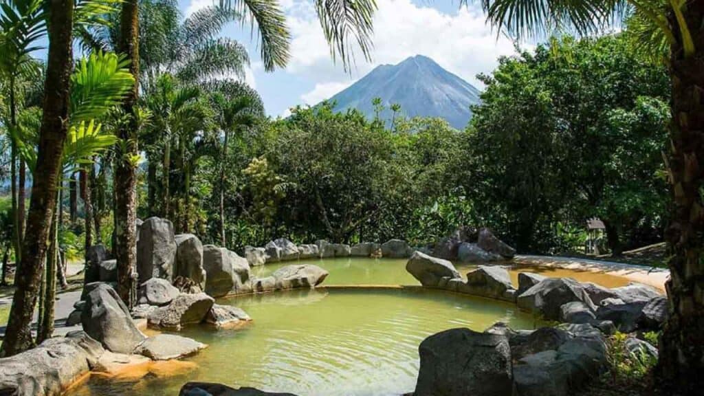 Lush tropical garden with hot spring and volcano in the background.