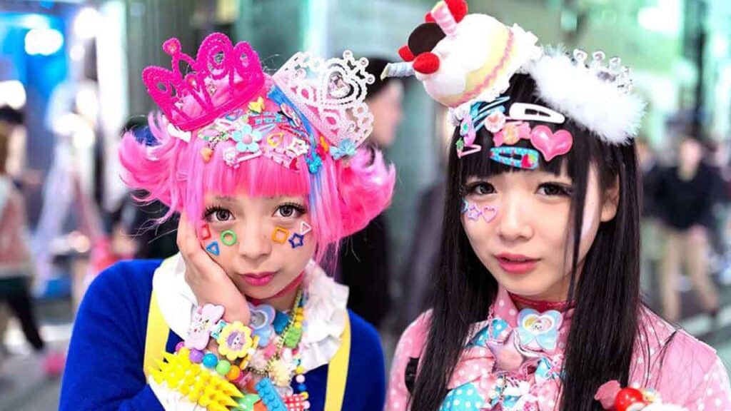 Vibrant Harajuku style featuring bright accessories, playful hair, and creative outfits.