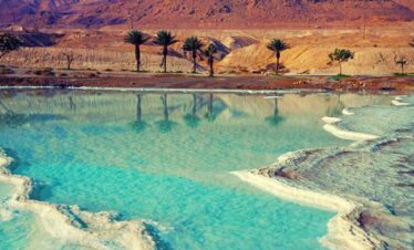 Tranquil desert oasis with turquoise waters and palm trees in a remote landscape.