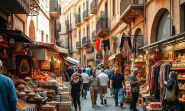 Bustling market street with shoppers and colourful stalls in a European city.