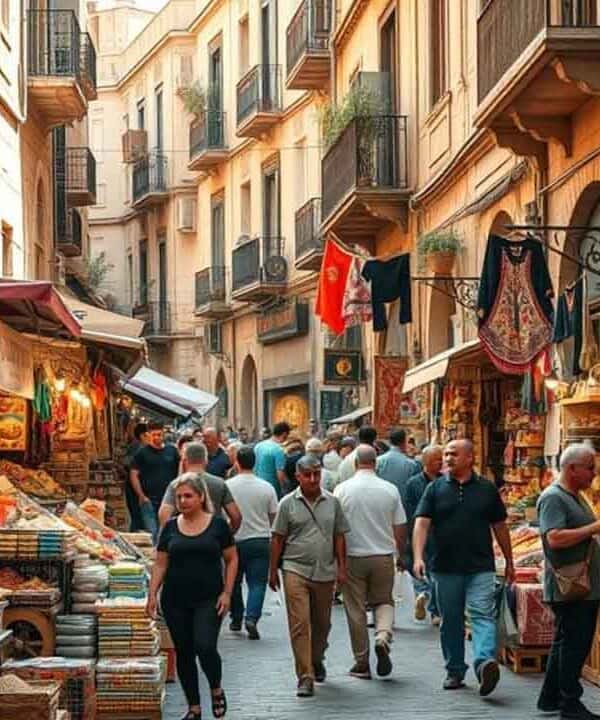 Bustling market street with shoppers and colourful stalls in a European city.