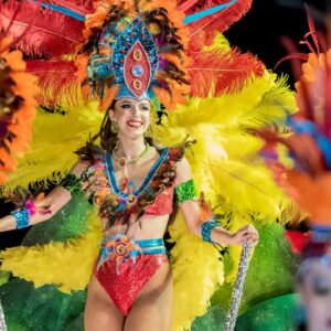 Vibrant carnival dancers wearing elaborate feathered costumes and headdresses.