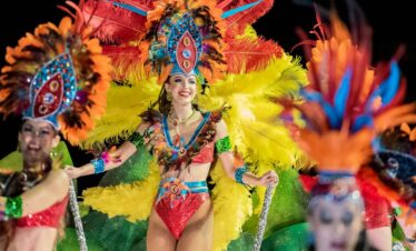 Vibrant carnival dancers wearing elaborate feathered costumes and headdresses.