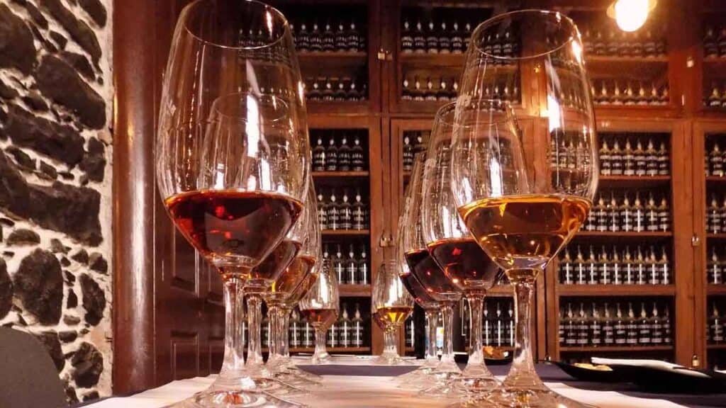 Wine tasting in a warm cellar with glasses of red and white wine.