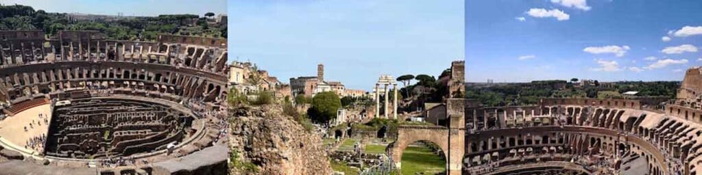 Ancient Roman amphitheatre with tiered seating and arches, showcasing historical architecture.