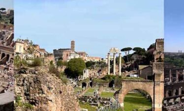 Ancient Roman amphitheatre with tiered seating and arches, showcasing historical architecture.