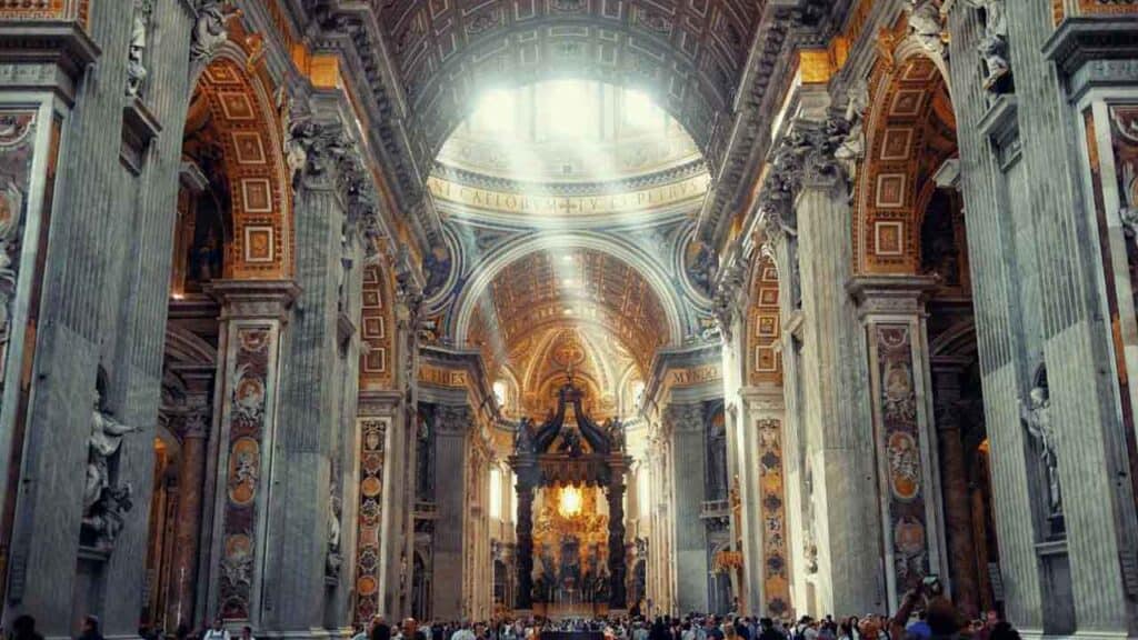 Stunning view of the grand interior of St. Peter's Basilica in Vatican City.