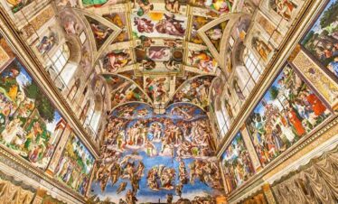 Interior view of the Sistine Chapel ceiling painted by Michelangelo.