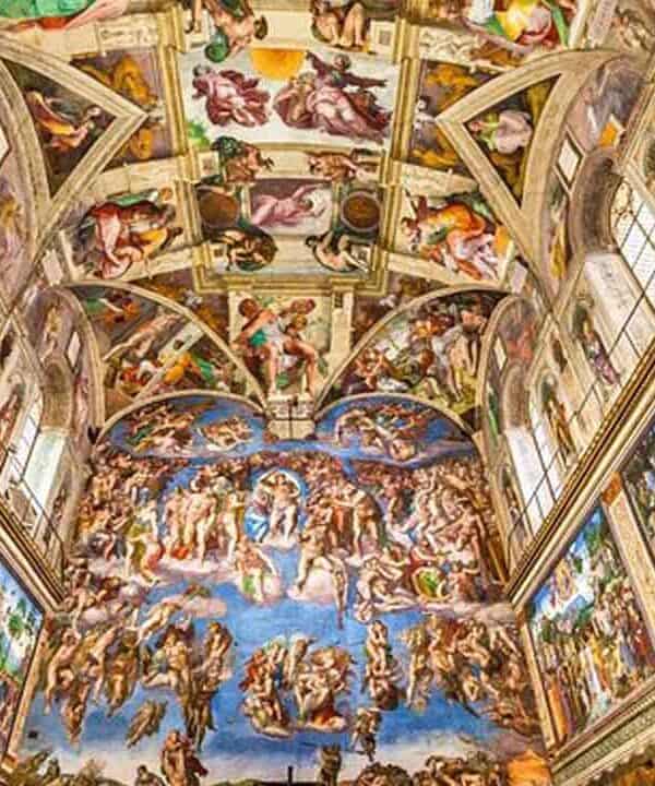 Interior view of the Sistine Chapel ceiling painted by Michelangelo.