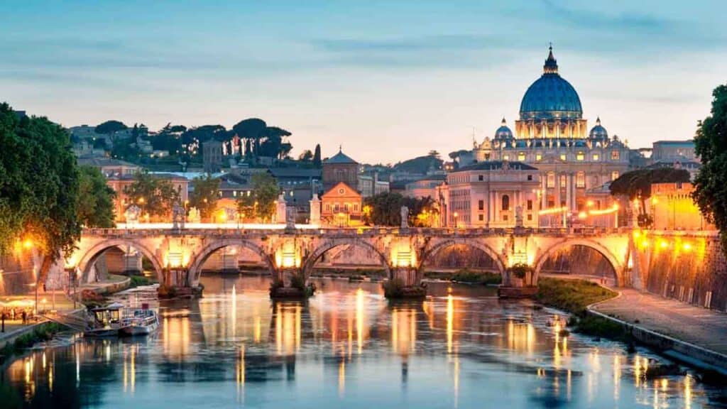 Beautiful view of Rome with the Vatican and river at sunset.