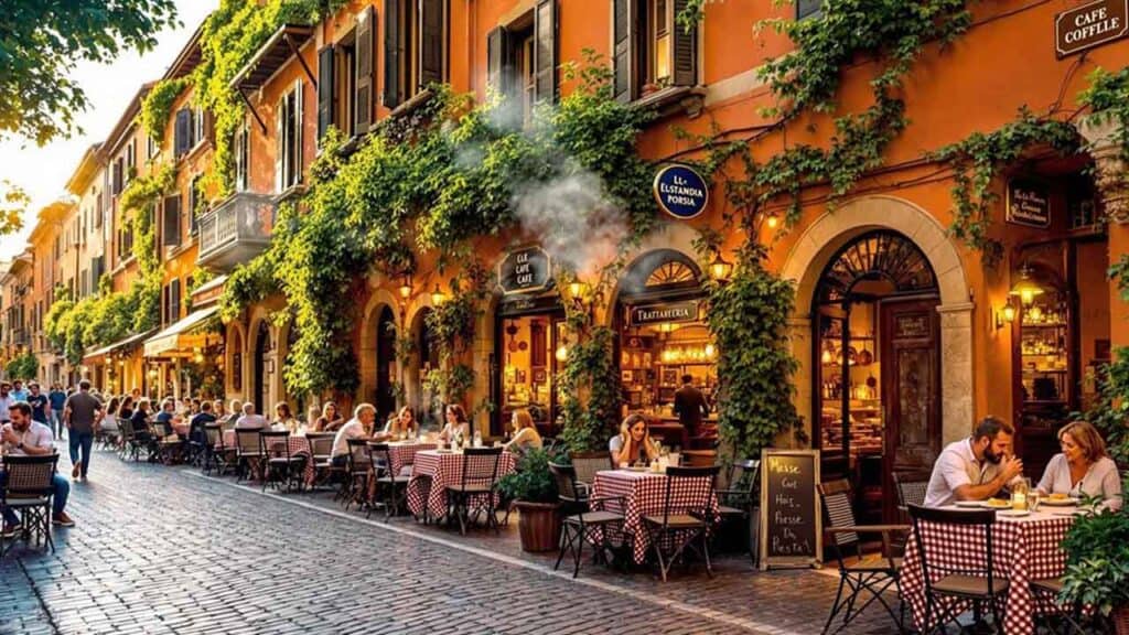 Outdoor café on a vibrant Italian street with people dining and lush greenery.