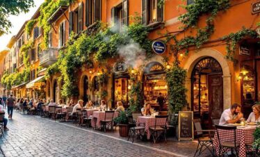 Outdoor café on a vibrant Italian street with people dining and lush greenery.