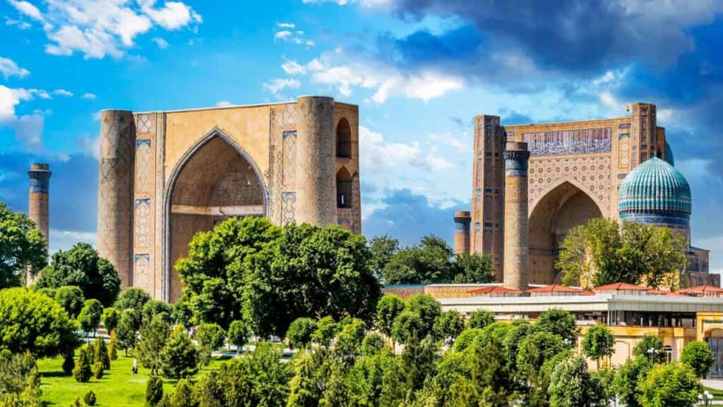 Style architecture with grand arches and domes in Uzbekistan.