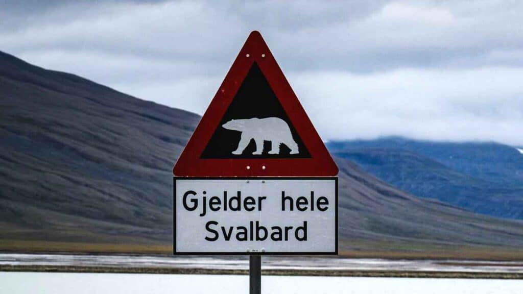 Warning sign with bear symbol in Svalbard, Norway.