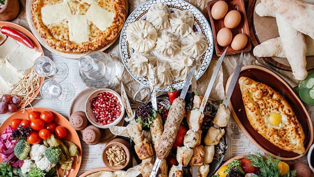 Authentic Georgian Khachapuri with cheese, eggs, and fresh ingredients.