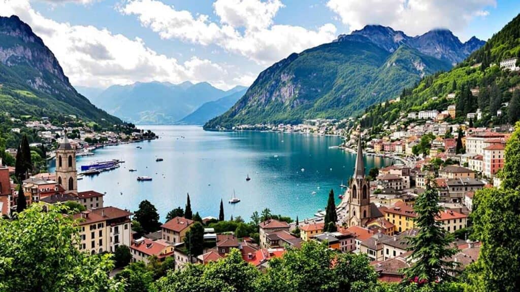 Scenic view of Lake Como with mountains and town in Italy.