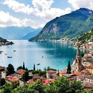 Scenic view of Lake Como with mountains and town in Italy.