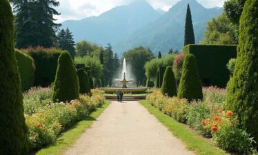 Serene garden pathway lined with lush greenery and colourful flowers, leading to a fountain with mou.