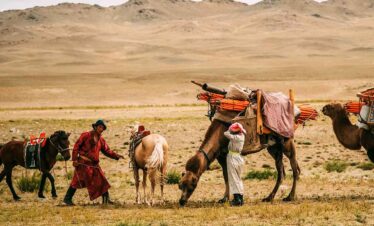 Camel caravan crossing desert with Bedouin guides and camels loaded with supplies.