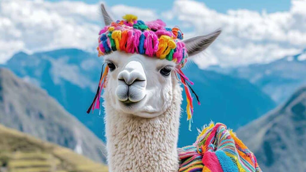 Llama wearing a colourful hat and scarf in a scenic mountain setting.