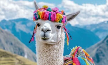 Llama wearing a colourful hat and scarf in a scenic mountain setting.