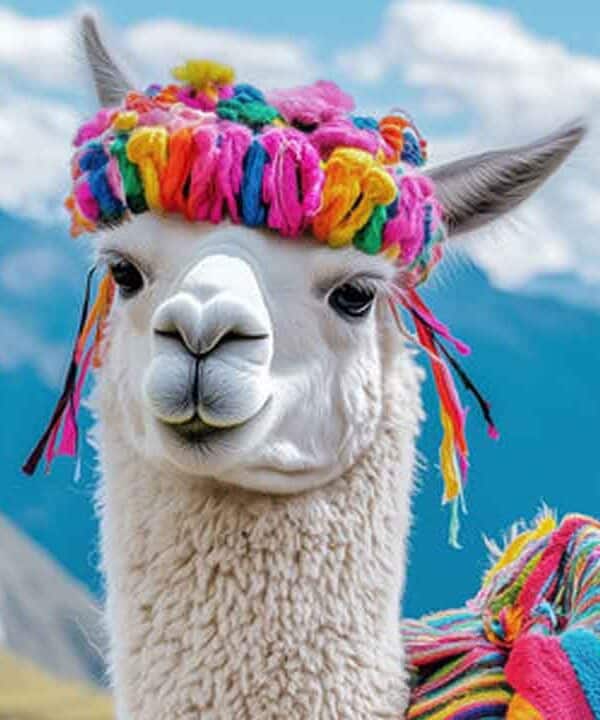 Llama wearing a colourful hat and scarf in a scenic mountain setting.