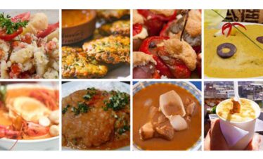 Delicious international dishes including seafood, grilled vegetables, and traditional desserts for t.