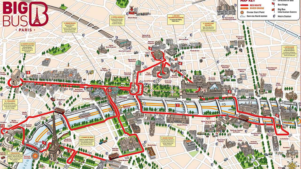 Detailed map of Paris showing Big Bus routes, key attractions, and transportation options.